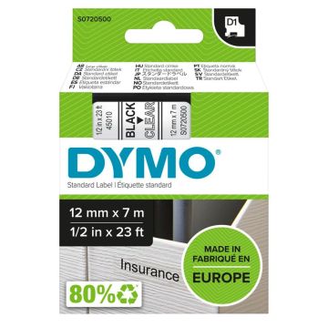 Dymo D1 leibls 12mm x 7m melns uz caurspīdīga 45010