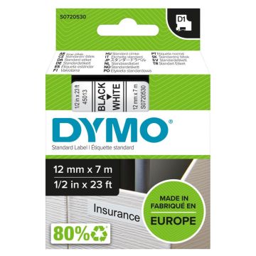 Dymo D1 leibls 12mm x 7m melns uz balta 45013