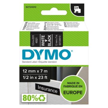 Dymo D1 leibls 12mm x 7m balts uz melna 45021