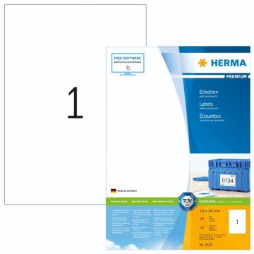 Herma Premium etiķetes 210x297 100 lapas DIN A4 100 gab. 4428