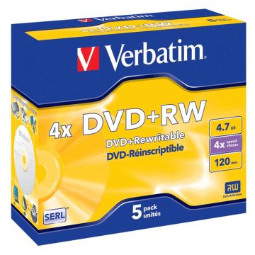 Verbatim DVD+RW 4,7GB 4x ātrumu, matēts sudrabs plastikāta vāciņi 5 gab.