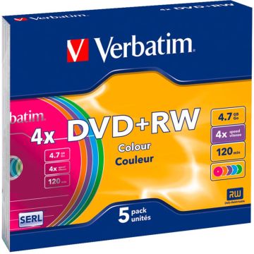 Verbatim DVD+RW 4,7GB 4x ātrumu krāsains, plānie plastikāta vāciņi 5 gab.