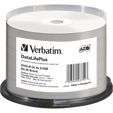 Verbatim DVD+R Double Layer 8x ātrumu 8,5GB termiski apdrukājams 50 gab.