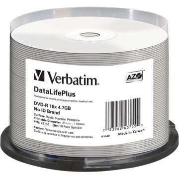 Verbatim DVD-R 4,7GB 16x balts plaši termiski apdrukājams bez ID 50 gab.