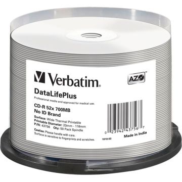 Verbatim CD-R 80 min / 700MB 52x balts plaši termiski apdrukājams 50 gab.