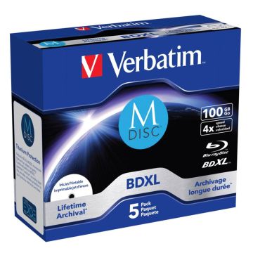 Verbatim M-Disc BD-R Blu-Ray 100GB 4x ātrumu tintes printēšanai plastikāta vāciņi 5 gab.