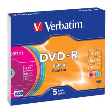 Verbatim DVD-R 4,7GB krāsains 16x ātrumu, plānie plastikāta vāciņi 5 gab.