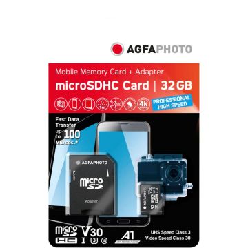 AgfaPhoto MicroSDHC UHS I 32GB Prof. Ātrdarbīga U3 V30 A1 Atmiņas Karte