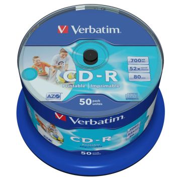 Verbatim CD-R 80 min / 700MB 52x ātrumu plaši apdrukājams vispārējs 50 gab.