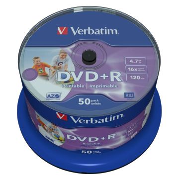 Verbatim DVD+R 4,7GB 16x ātrumu, plaši apdrukājams bez ID 50 gab.