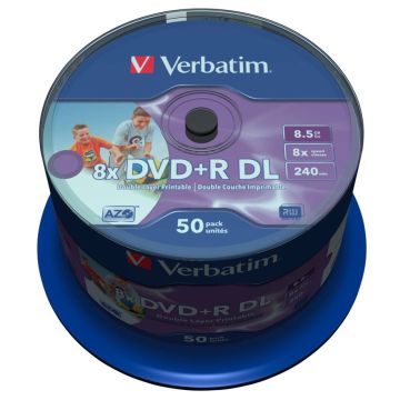 Verbatim DVD+R Double Layer 8x ātrumu, 8,5GB plaši apdrukājams 50 gab.