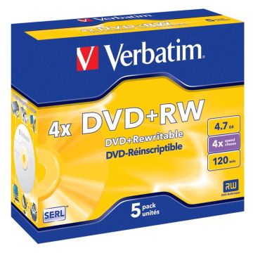Verbatim DVD+RW 4,7GB 4x ātrumu, matēts sudrabs plastikāta vāciņi 5 gab.