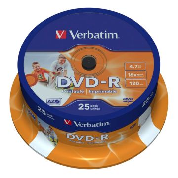 Verbatim DVD-R 4,7GB 16x ātrumu, plaši apdrukājams 25 gab.