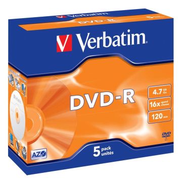 Verbatim DVD-R 4,7GB 16x ātrumu, plastikāta vāciņi 5 gab.