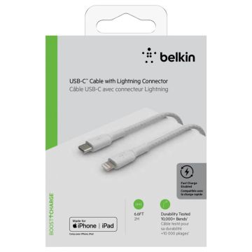 Belkin Lightning/USB-C kabelis 2m auduma, MFI Sertificēts, Balts