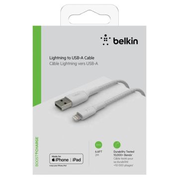 Belkin Lightning uz USB-A kabelis 2m, auduma, MFI Sertificēts, Balts