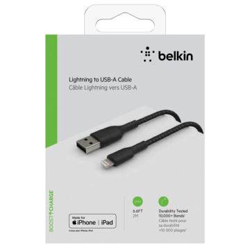 Belkin Lightning kabelis 2m, apvalkā, MFI Sertificēts, Melns