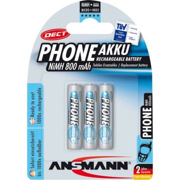 Ansmann maxE NiMH uzlādējamās AAA baterijas 800 mAh DECT PHONE 3 gab.