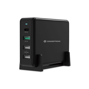 Conceptronic 4 portu USB-PD galda lādētājs 65W 3 x USB-A, 1 x USB-C melns