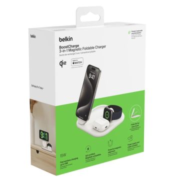 Belkin BOOST Charge 3in1 Qi2 15W Magnētiskais lādēšanas statīvs, Balts