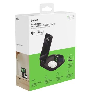 Belkin BOOST Charge 3in1 Qi2 15W magnētiskais lādēšanas statīvs, Zils