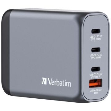 Verbatim GNC-100 GaN Lādētājs, 100W, 3xUSB-C PD, 1xUSB-A QC 3.0 32202