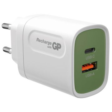 GP 20W USB-A un USB-C lādētājs ar adapteri ES, Ķīnas un Lielbritānijas kontaktdakšām