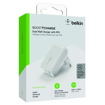 Belkin BOOST Charge 37W Divu Portu USB-C un USB-A Lādētājs, Balts