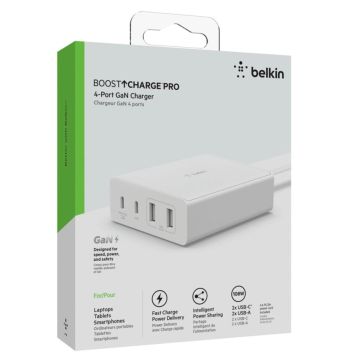 Belkin BOOST Charge 140W 4-Portu GaN Lādētājs ar 3xUSB-C un 1xUSB-A