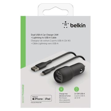 Belkin USB-A auto lādētājs 24W ar 1m Lightning kabeli, melns