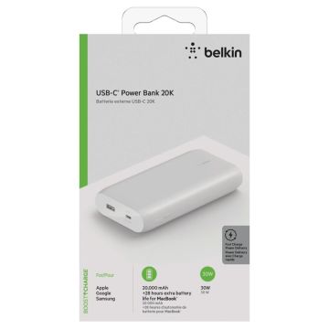 Belkin Powerbank, 30W, 20000mAh, Power Delivery, 2x USB-A, 1x USB-C, balts