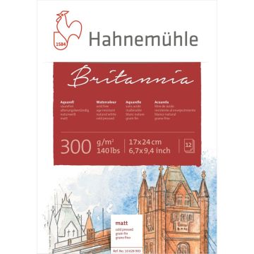 Hahnemühle Britannia auksti presēts akvareļu papīrs, 12 lapas, 17x24cm, 300 g