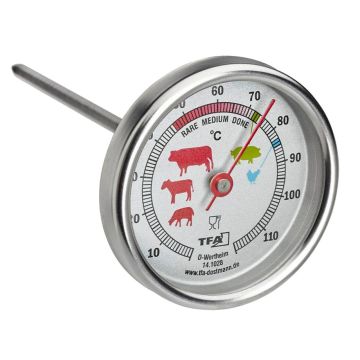 TFA 14.1028 gaļas termometrs, nerūsējošais tērauds, mehānisks, temperatūras diapazons no 0°C līdz 120°C