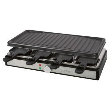 Bomann RG 6039 CB raclette grils, 1500W, ar 8 pannām un divām grilēšanas plāksnēm (akmens un metāla)