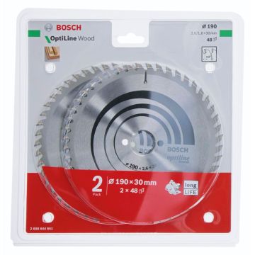 Bosch 2x Optiline Wood 190x30x2.6/1.6x48T zāģa asmeņu komplekts