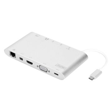 DIGITUS universālais USB Type-C doks, 1x HDMI, 1x VGA, 3x USB 3.0, 1x USB-C, 1x RJ45, 1x SD/microSD