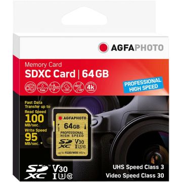 AgfaPhoto SDXC UHS I 64GB Profesionāla Ātrdarbīga U3 V30 Karte