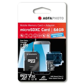 AgfaPhoto MicroSDXC UHS I 64GB Prof. Ātrdarbīga U3 V30 A1 Atmiņas Karte