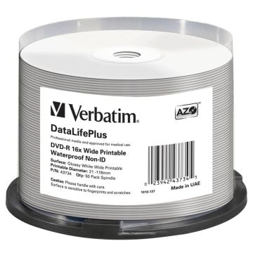 Verbatim DVD-R 4,7GB 16x plaši glancēti ūdensizturīgi apdrukājams 50 gab.