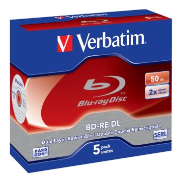 Verbatim BD-RE Blu-Ray 50GB 2x ātrumu, balts zils plastikāta vāciņi 5 gab.