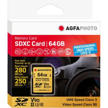 AgfaPhoto SDXC UHS II 64GB Profesionāla Ātrdarbīga U3 V90 Karte