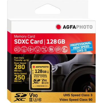 AgfaPhoto SDXC UHS II 128GB Profesionāla Ātrdarbīga U3 V90 Karte