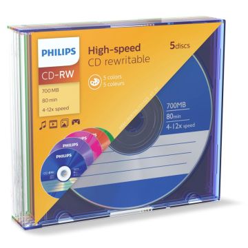 Philips CD-RW 80 min 700MB 4-12x SL krāsaini 5 gab.