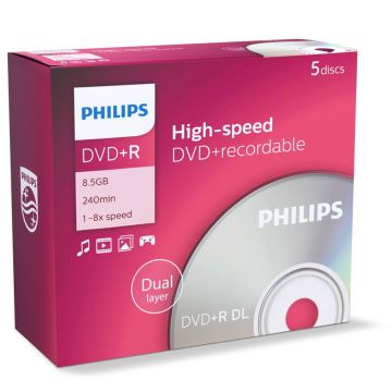 Philips DVD+R 8,5GB DL 8x plastikāta vāciņi 5 gab.