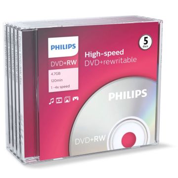 Philips DVD+RW 4,7GB 4x plastikāta vāciņi 5 gab.