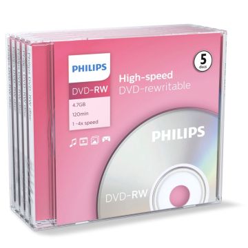 Philips DVD-RW 4,7GB 4x plastikāta vāciņi 5 gab.