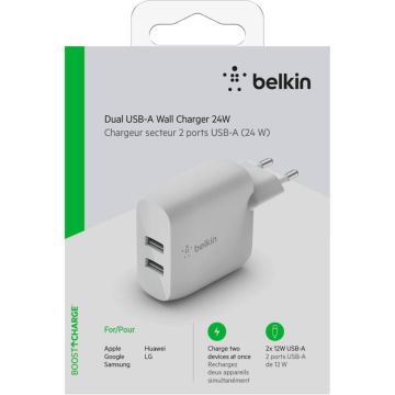 Belkin Divu Portu USB-A Lādētājs, 24W, Balts