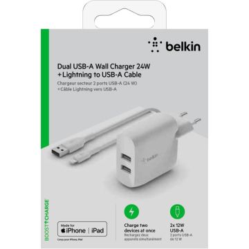 Belkin Divu Portu USB-A Lādētājs, 24W ar Lightning Kabeli 1m, Balts