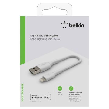 Belkin Lightning kabelis 15cm, PVC, Balts, MFI Sertificēts