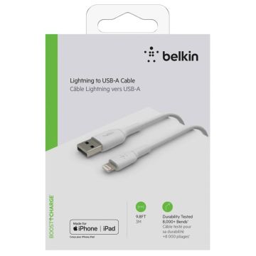 Belkin Lightning Lādēšanas/Sinhronizācijas Kabelis 3m, PVC, Balts, MFI Sertificēts